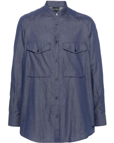 Emporio Armani Band-collar Cotton Shirt - Blue