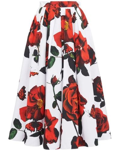 Alexander McQueen Rose Print Skirt - Red