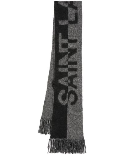 Saint Laurent Intarsia Knit Logo Fringed Scarf - White