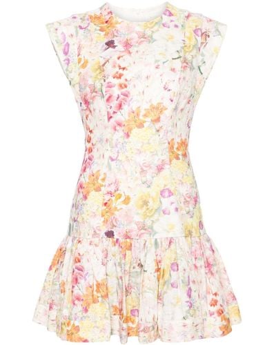 Zimmermann Floral Print Linen Flounce Short Dress - White