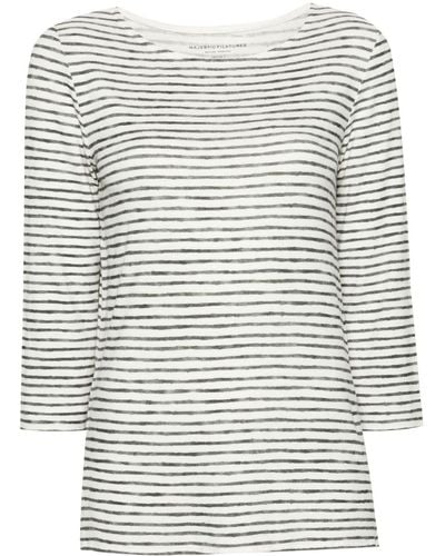 Majestic Striped Linen Blend Boat-neck T-shirt - Grey