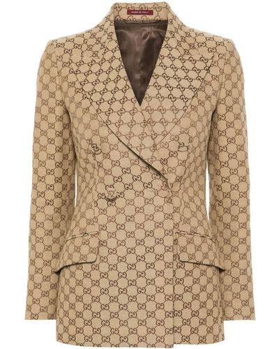 Gucci Double-breasted Blazer With Monogram, - Natural