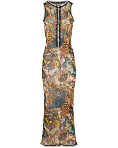 Jean Paul Gaultier Butterfly Print Mesh Long Dress - Metallic