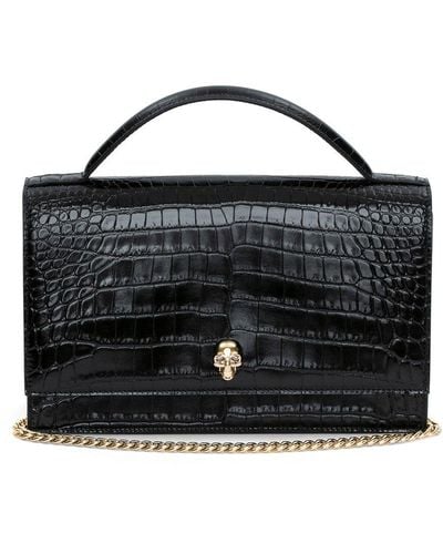 Alexander McQueen Skull Crocodile-effect Leather Top Handle Bag - Black