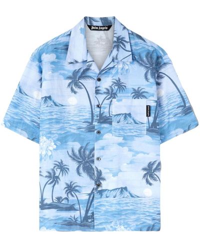 Palm Angels Sunset-Print Linen-Blend Shirt - Blue