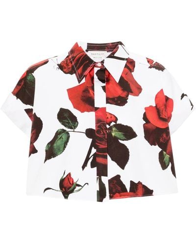 Alexander McQueen Rose-print Cotton Cropped Shirt - Red
