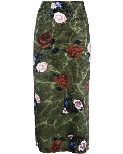 Dries Van Noten Rose Print Velvet Long Skirt - Green