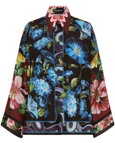 Dolce & Gabbana Oversize Silk Shirt With Floral Print - Blue