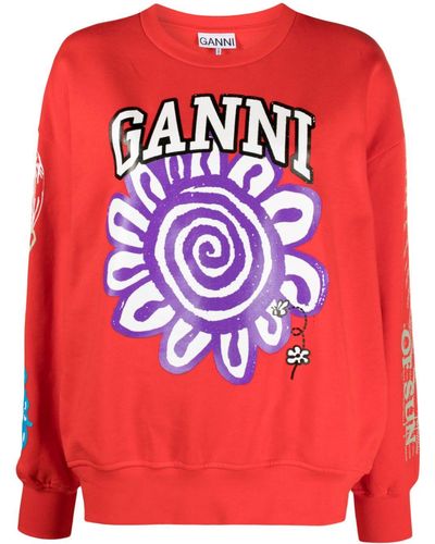 Ganni Printed Organic Cotton Sweatshirt - Red