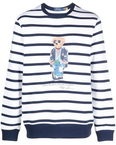 Polo Ralph Lauren & Navy Polo Bear Striped Fleece Sweatshirt - Blue