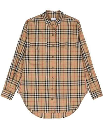 Burberry Check Motif Cotton Shirt - Natural