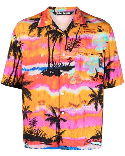 Palm Angels Palm Tree-print Bowling Shirt - Orange