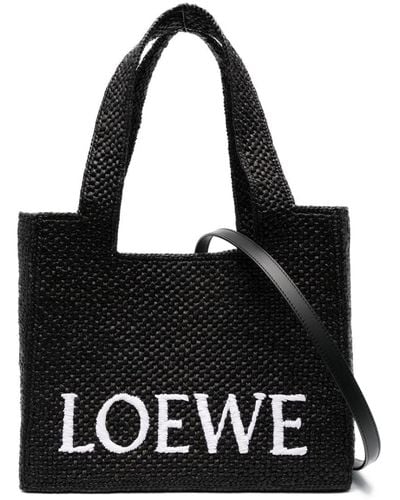 Loewe Small Font Raffia Tote Bag - Black