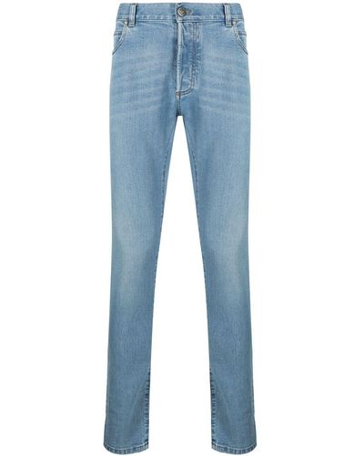 Balmain Embroidered-monogram Slim-fit Jeans - Blue