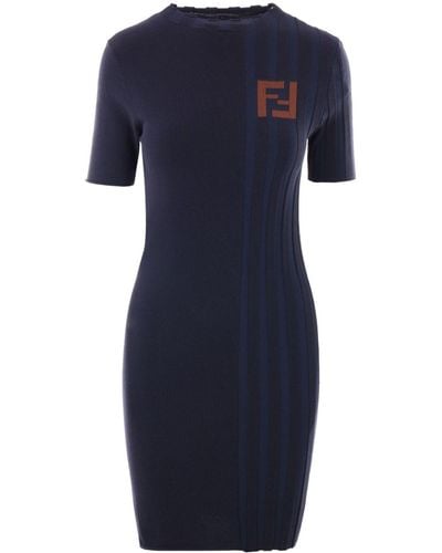 Fendi Logo Ribbed Cotton Dress - Blue