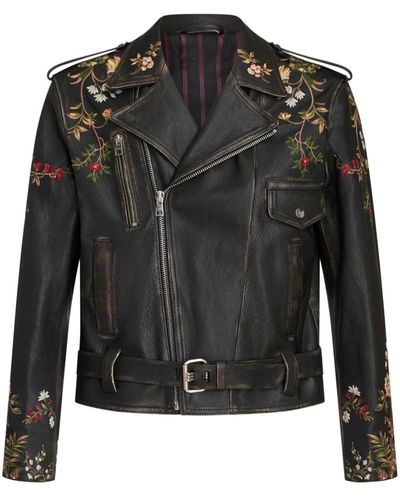 Etro Floral-embroidery Leather Biker Jacket - Black