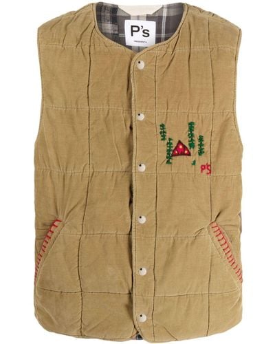 President's Embroidered-design Corduroy Vest - Natural