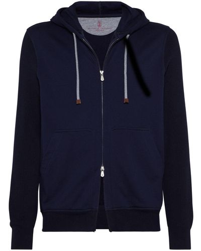 Brunello Cucinelli Ribbed-sleeve Cotton Zip-up Hoodie - Blue