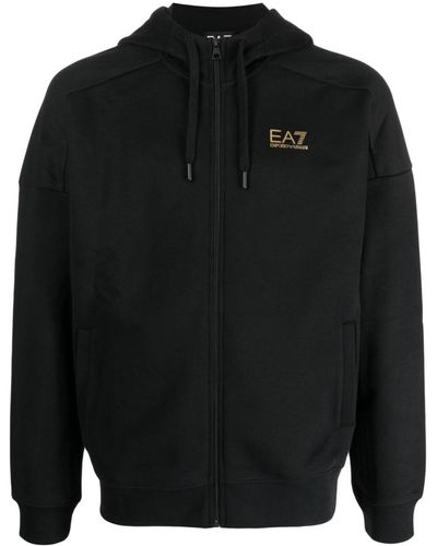 EA7 Logo Cotton Blend Hoodie - Black