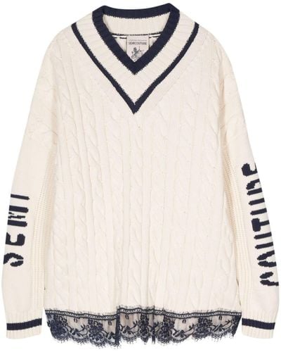 Semicouture Logo-jacquard Cable-knit Sweater - Natural