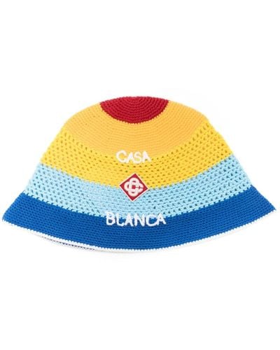 Casablancabrand Yellow Striped Crochet Cotton Hat - Blue