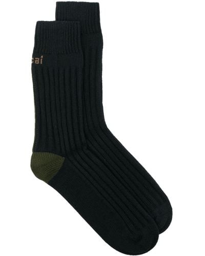 Sacai Logo Intarsia-knit Ribbed Socks - Black