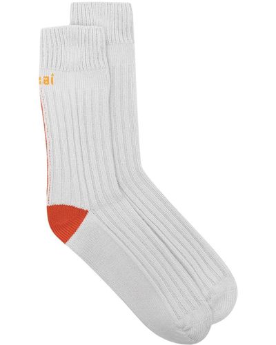 Sacai Logo Intarsia-knit Ribbed Socks - White