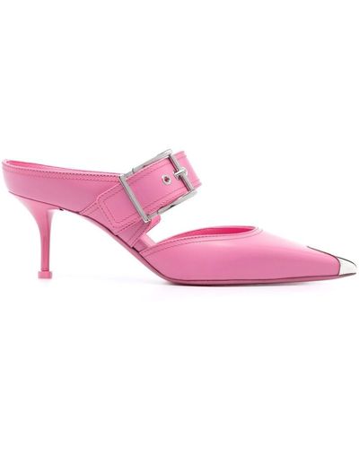 Alexander McQueen Punk Buckled Leather Mules - Pink