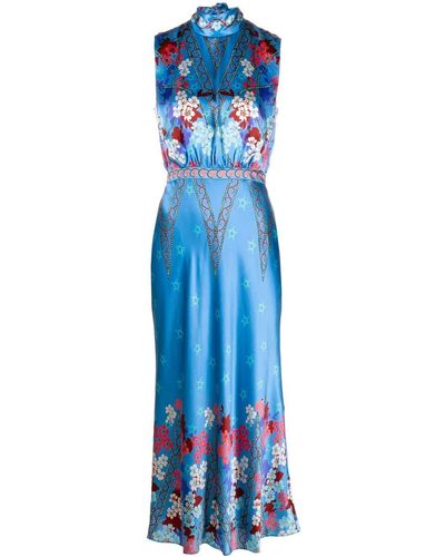 Saloni Aloni Fleur Silk Midi Dress - Blue
