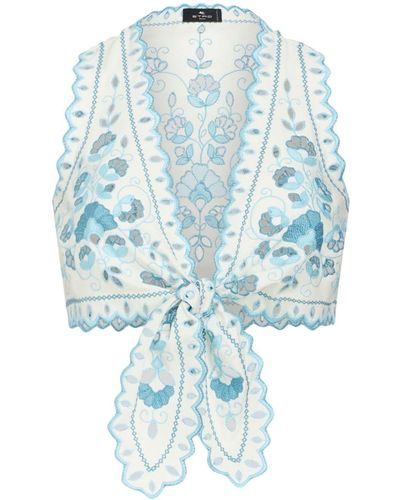 Etro Floral-embroidery Cotton Blend Top - Blue