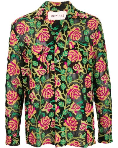 BAZISZT Floral-Embroidery Cotton Shirt - Green