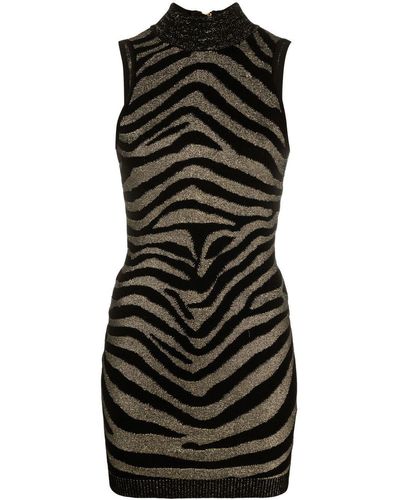 Balmain Sleeveless Zebra Print Knit Short Dress - Black
