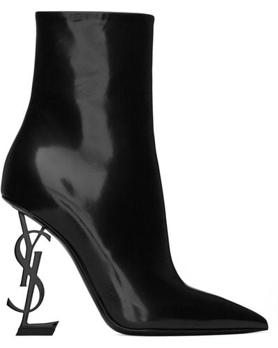 Saint Laurent Opyum Leather Heel Ankle Boots - Black