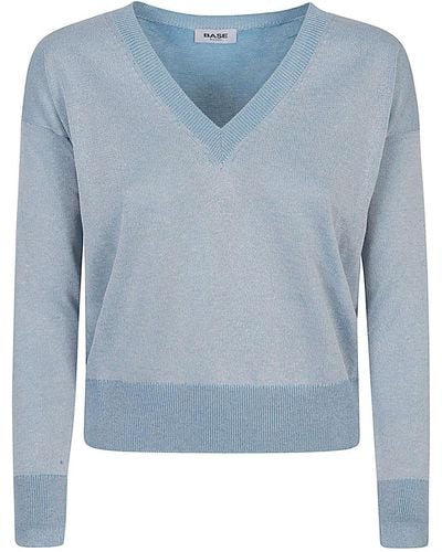 Base London Cotton Blend V-neck Sweater - Blue