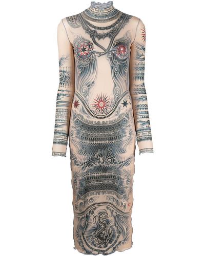 Jean Paul Gaultier Graphic-print Mesh Midi Dress - Grey