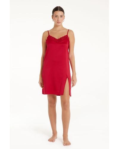 Tezenis Sottoveste in Raso con Spacco e Pizzo - Rosso