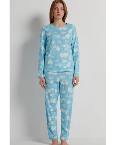 Tezenis Pijama Largo de Algodón con Estampado de Nubes - Azul