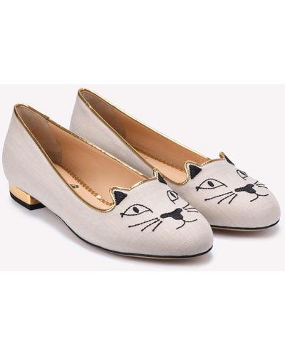 Charlotte Olympia Kitty Suede Leather Flats - Natural