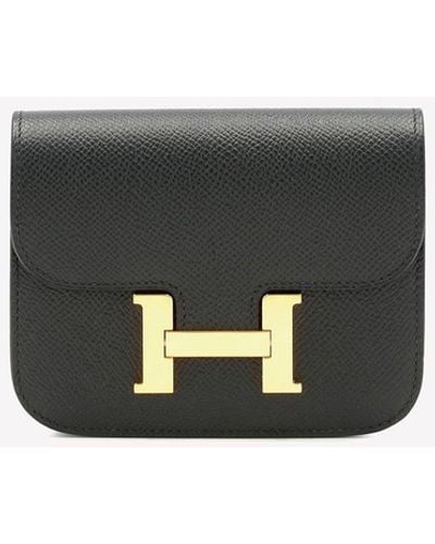 Hermès Constance Slim Wallet In Black Epsom With Gold Hardware - White