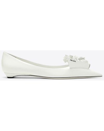 Prada Embellished Leather Ballet Flats - White