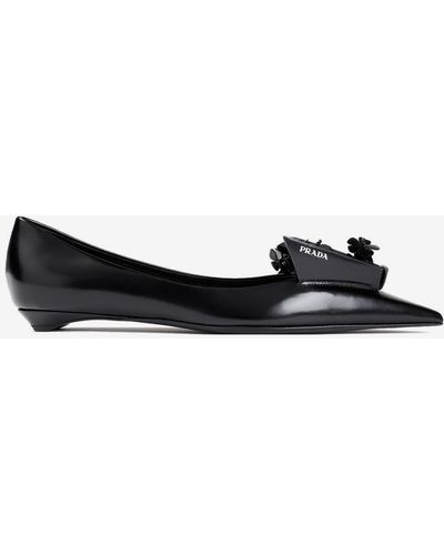 Prada Pointed Ballet Flats With Floral Appliques - Black