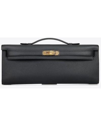 Hermès Kelly Cut Clutch Bag In Black Swift Leather With Gold Hardware - White