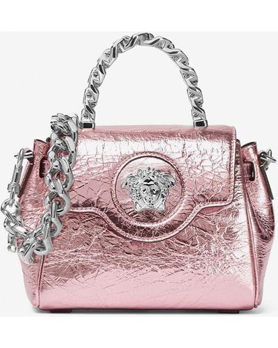 Versace Small Medusa Top Handle Bag In Metallic Leather - Pink