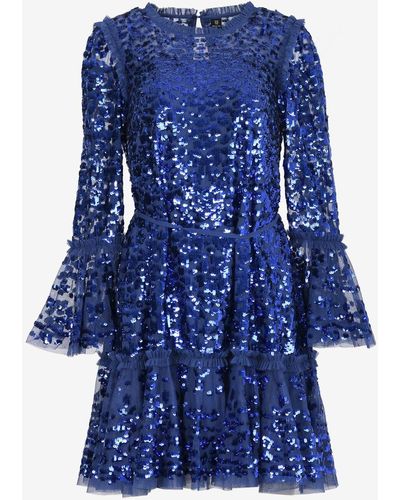 Needle & thread lace high cheap neck mini dress in dusk blue