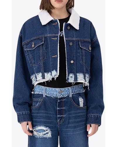 SJYP Shearling Cropped Denim Jacket - Blue