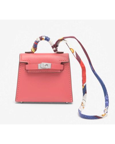 Hermès Kelly Twilly Bag Charm In Rose Lipstick Tadelakt With Printed Silk Strap - Red