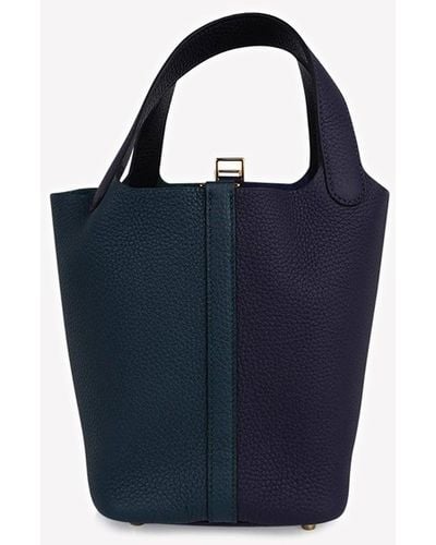 Hermès Picotin Lock 18 Tote In Vert Cypress, Blue Nuit And Black Clemence With Gold Hardware