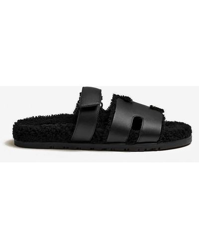 Hermès Chypre Sandals In Calfskin And Shearling - Black