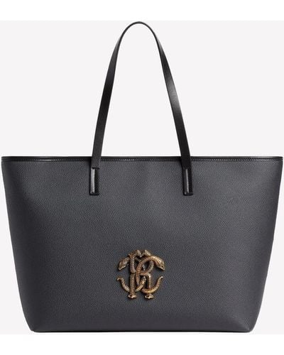Roberto Cavalli Mirror Snake Tote Bag In Leather - Black