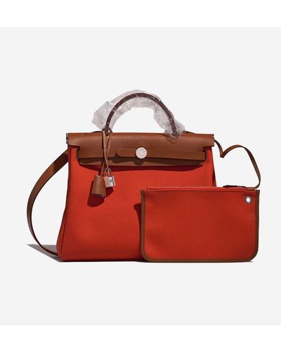 Hermès Herbag 31 In Orange Mecano Toile And Fauve Vache Hunter Leather - Red
